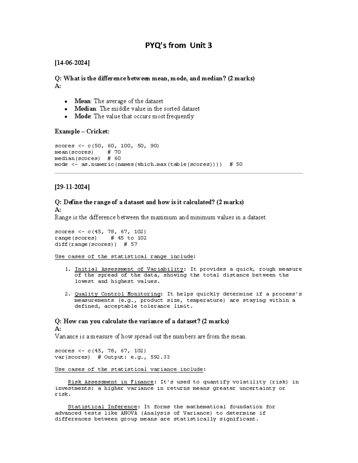 PYQ Unit 4 - R: Understanding Mean, Mode, Median, and Variance - Studocu