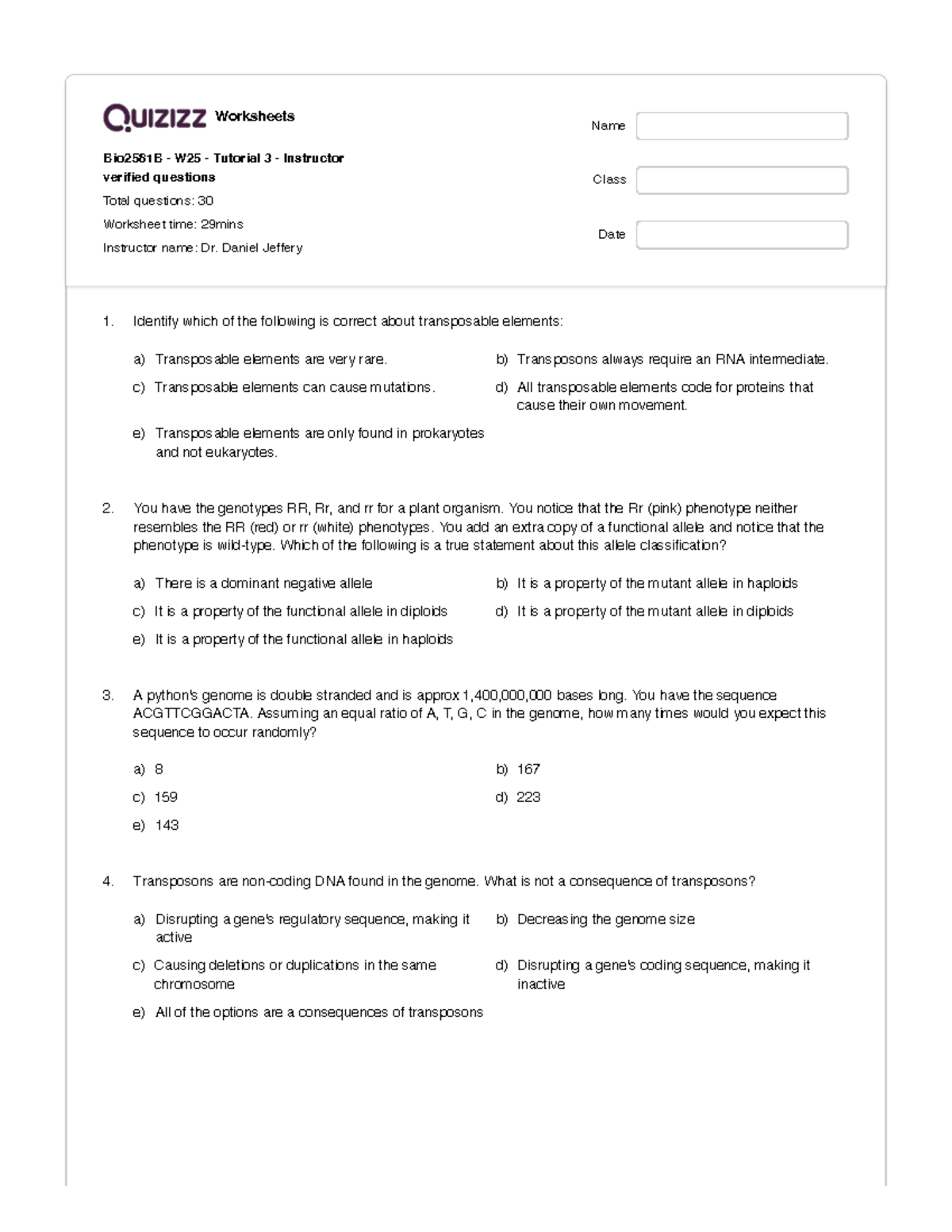 Bio2581B W25 Tutorial 3: Genetics Worksheet and Answers - Studocu