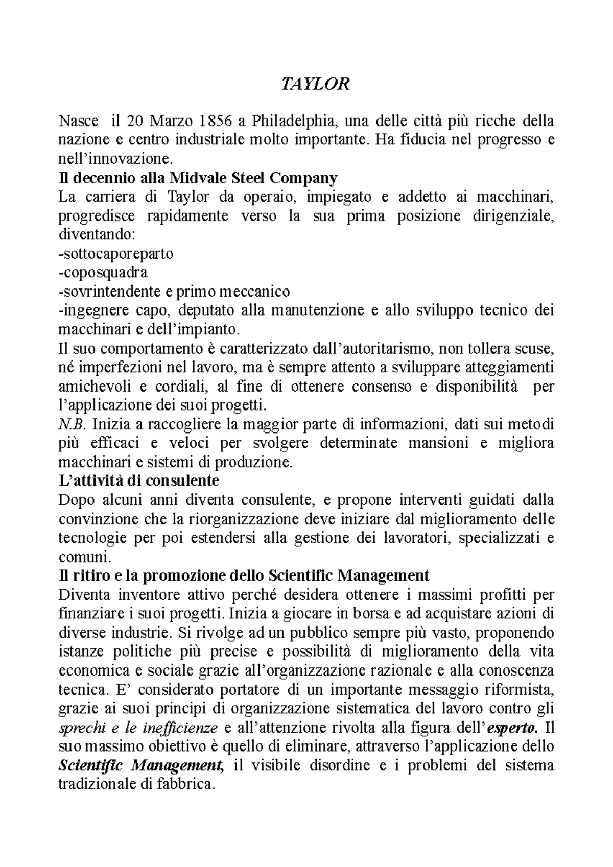 Psicologia del Lavoro: Modelli di Taylor e Ford nel Management - Studocu