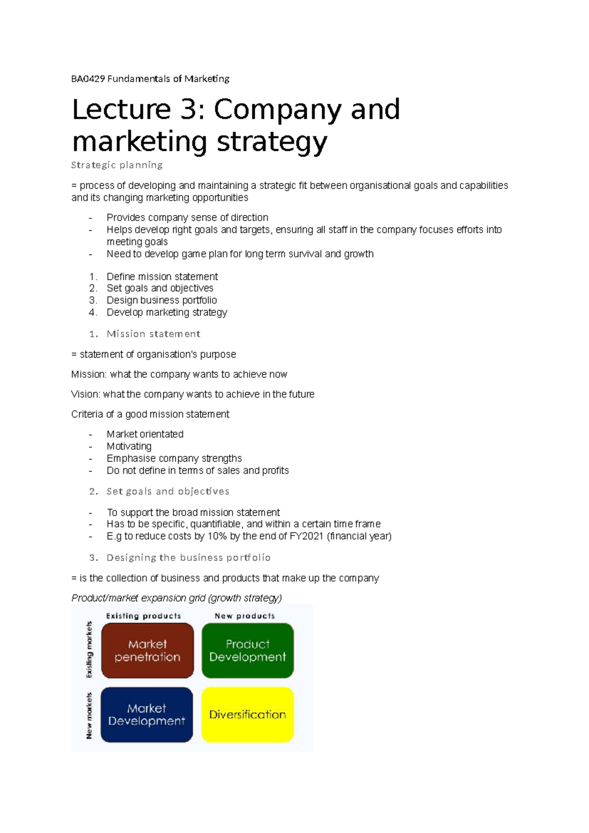 BA0429 Marketing Lecture 3: Company Strategy & Planning Insights - Studocu