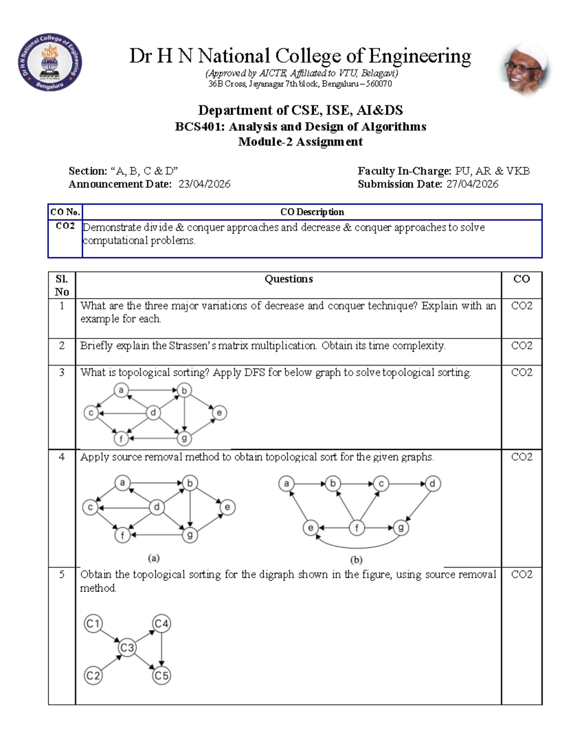 BCS401: Assignment on Analysis and Design of Algorithms - 4th Sem VTU ...