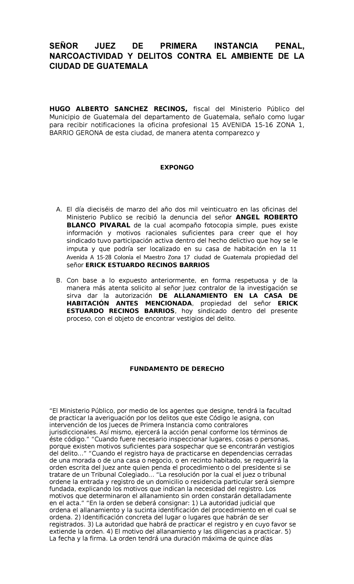3. Solicitud de Orden de Allanamiento en Caso Penal de Narcoactividad - Document Preview