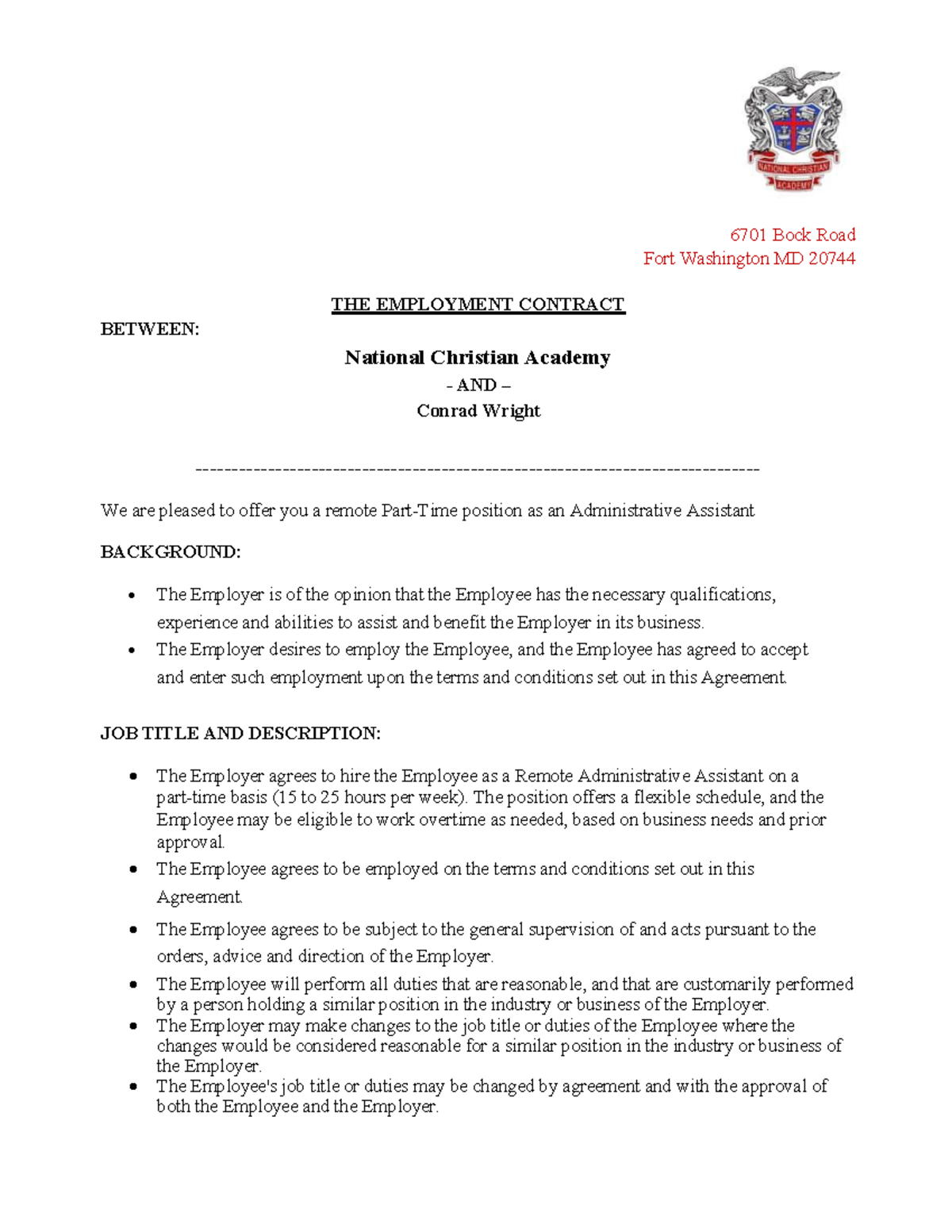 6701 Bock Rd MD - Offer Letter for Remote Admin Asst Position - Studocu