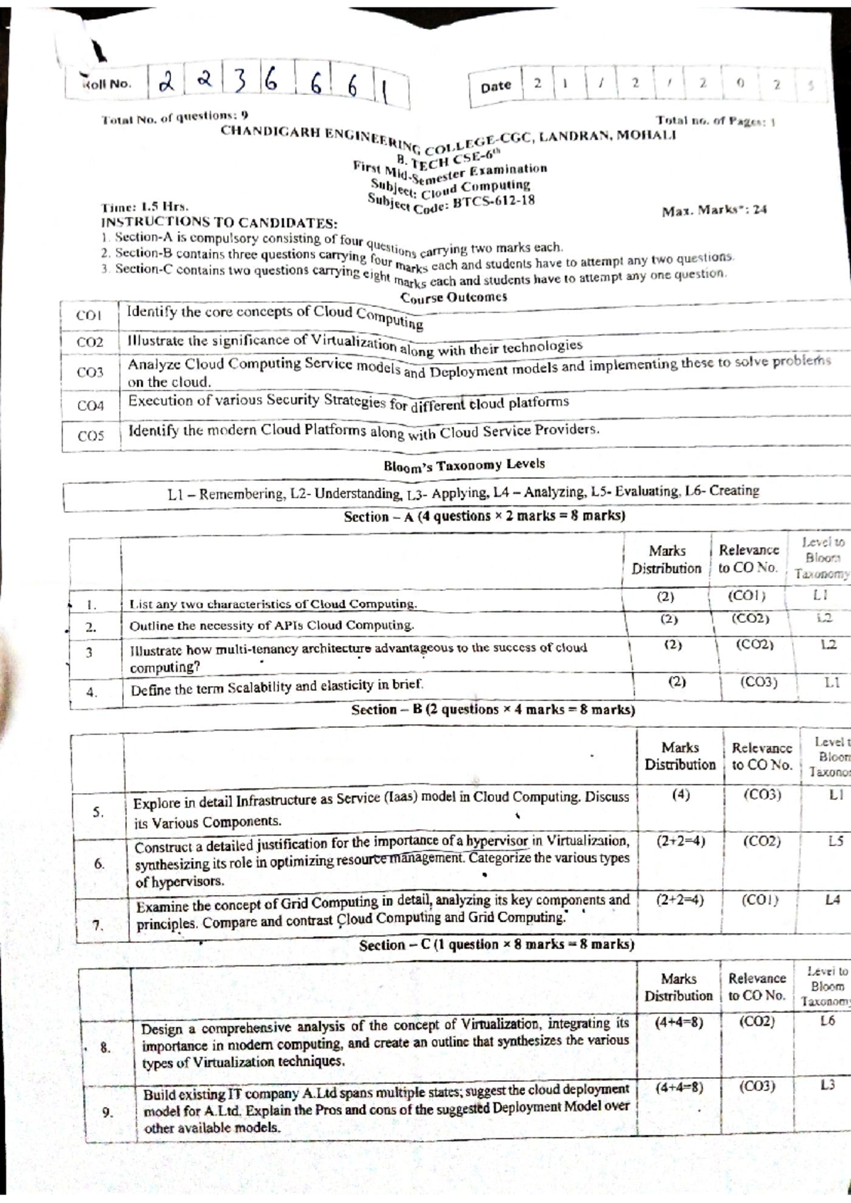 Document 18 - Question Paper of CLOUD COMPUTING Of 6th SEM. - Roll No ...