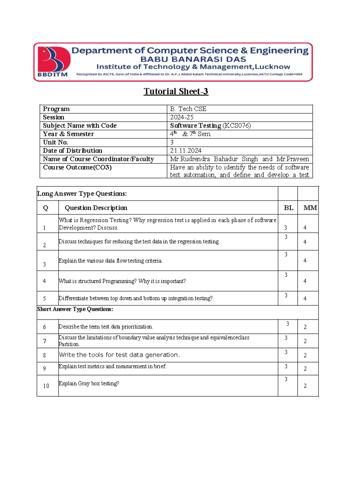 Tutorial Sheet ST Unit 3: Software Testing Questions & Concepts (KCS076 ...