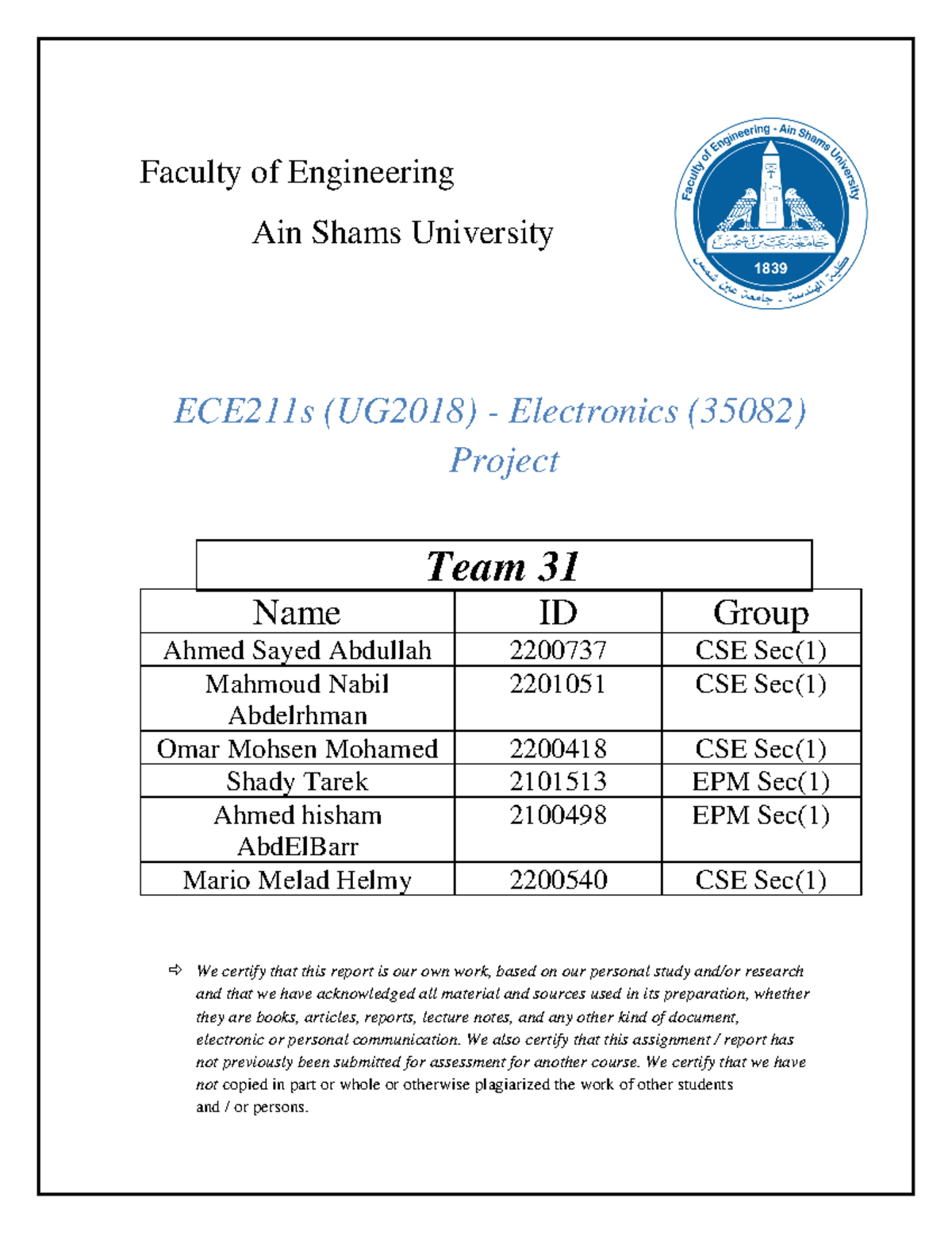 ECE211s - Final Project Report on Electronics Design and Circuit ...