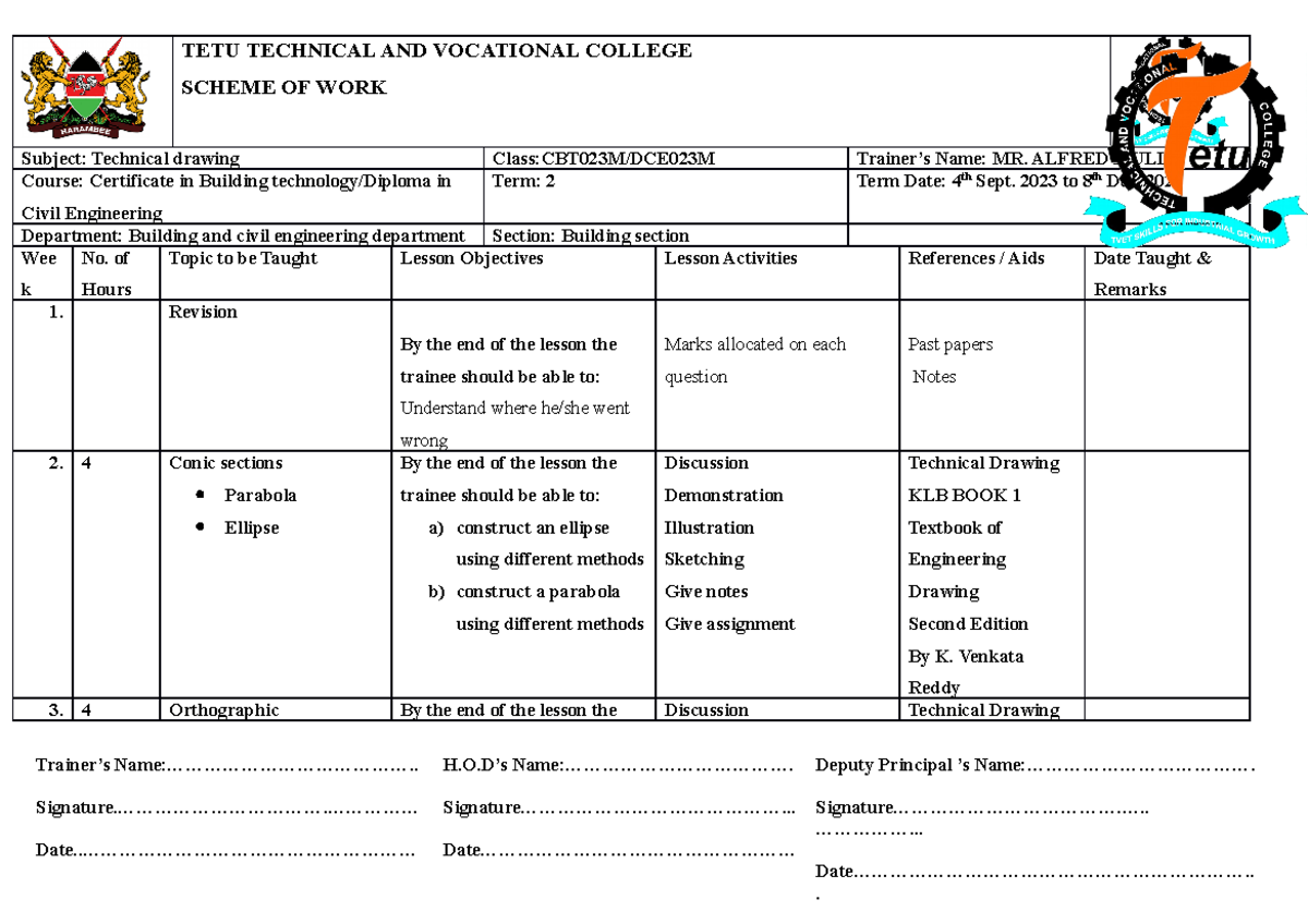 Scheme of Work for Technical Drawing - CBT023M/DCE023M Term 2 - Studocu