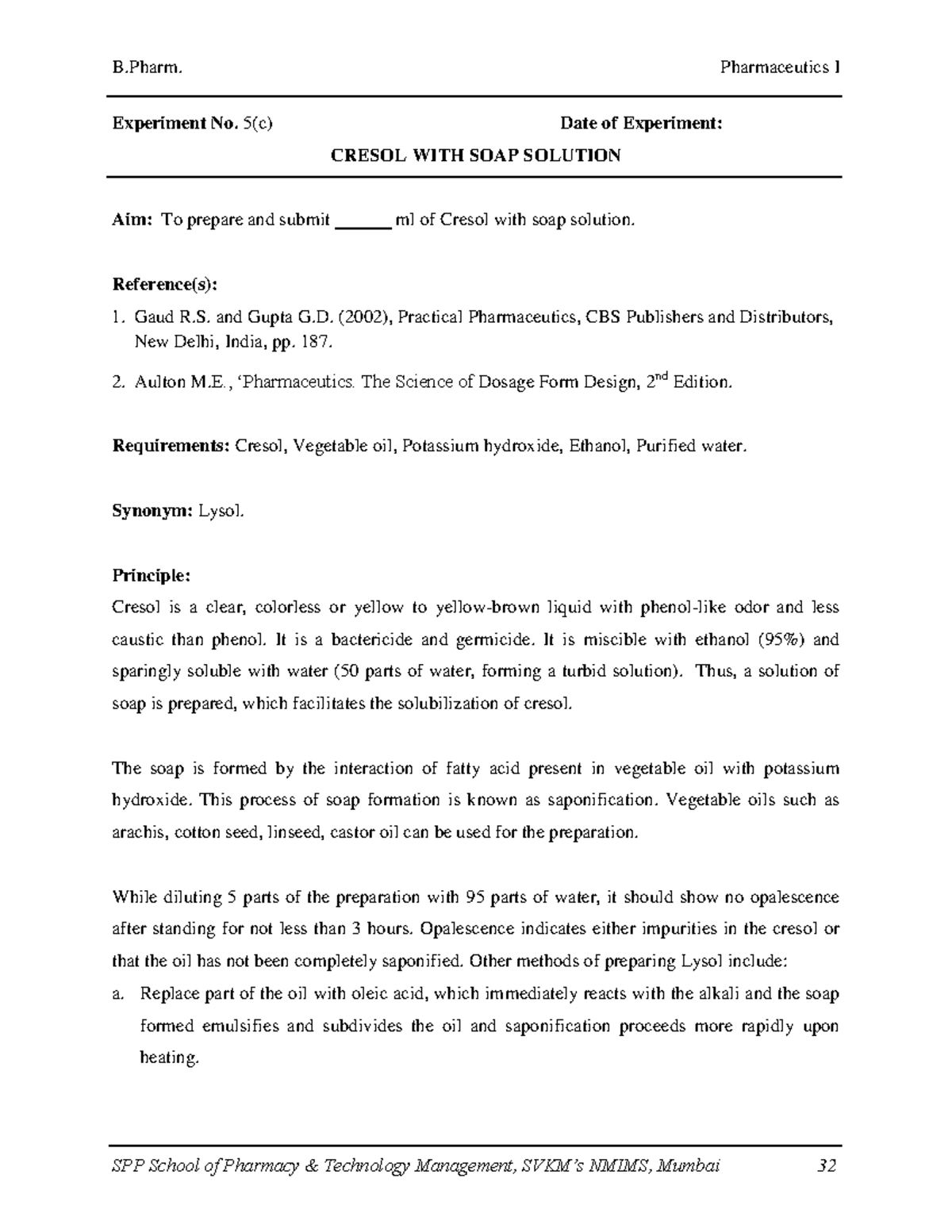 B.Pharm. Pharmaceutics I Experiment 5(c): Cresol Soap Solution Preparation - Document Preview