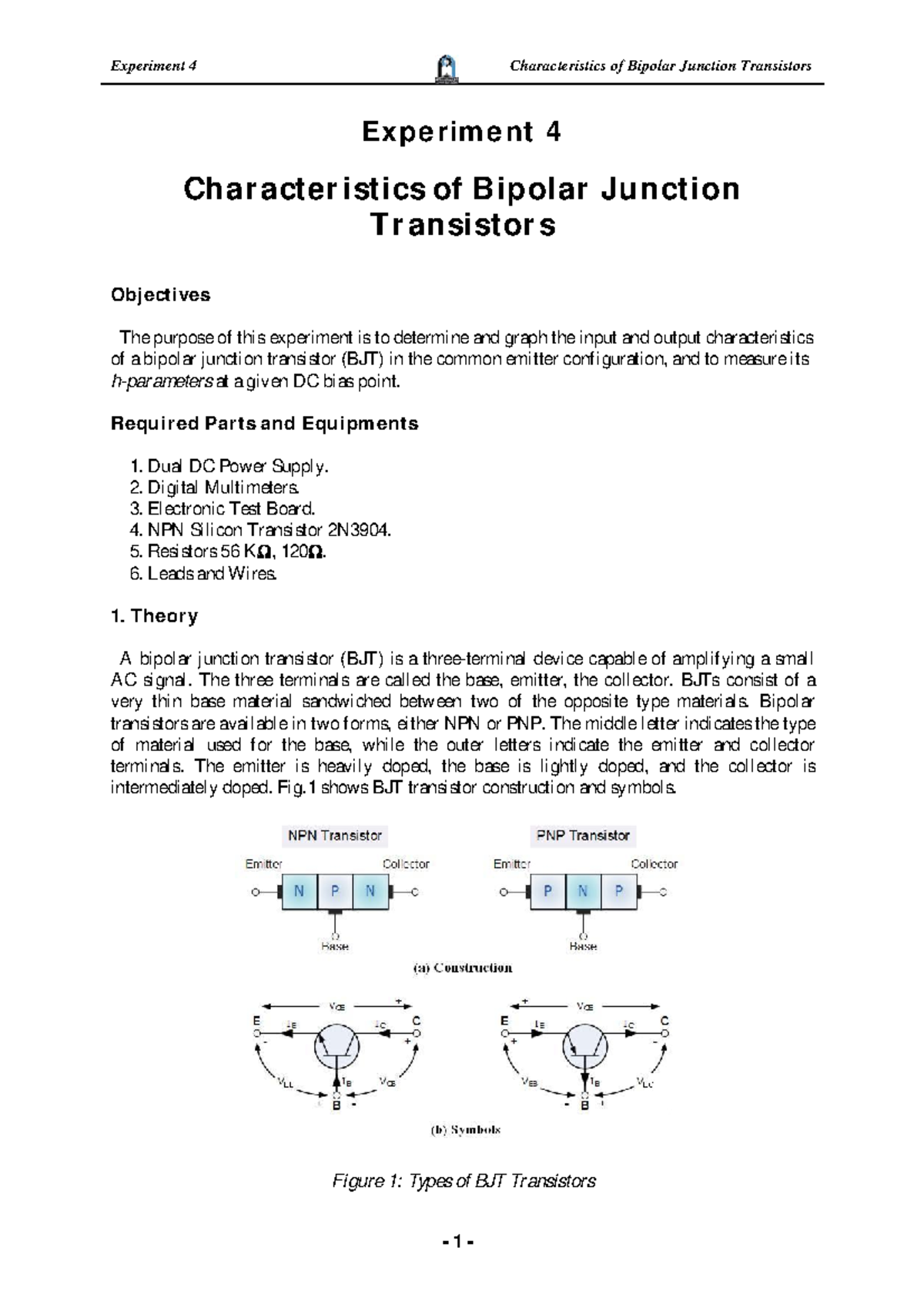 Experiment 4: Characteristics of Bipolar Junction Transistors in CE ...
