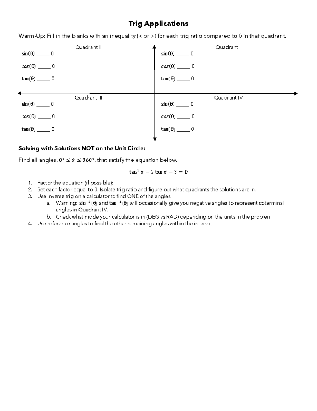 Trig Applications (MATH101) Guided Notes on Quadrants & Equations - Studocu