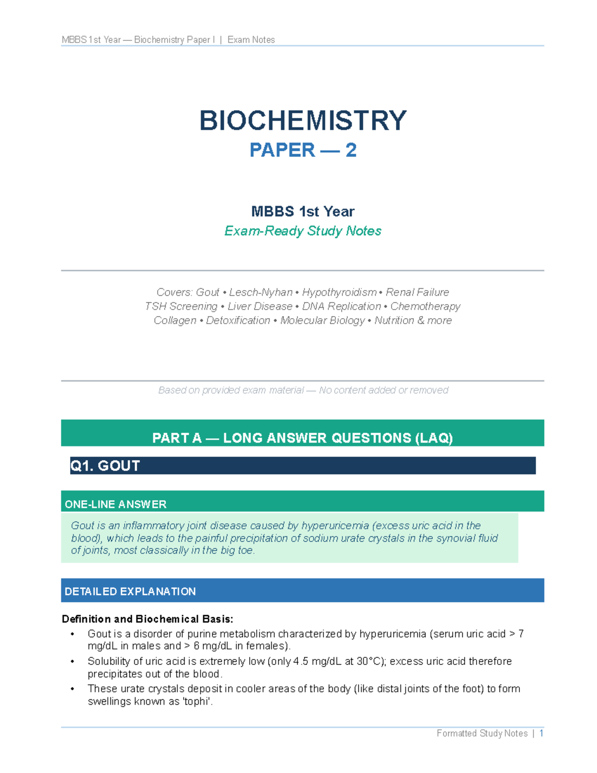 MBBS 1st Year Biochemistry Paper I Exam Notes: Key Topics & Q&A - Studocu