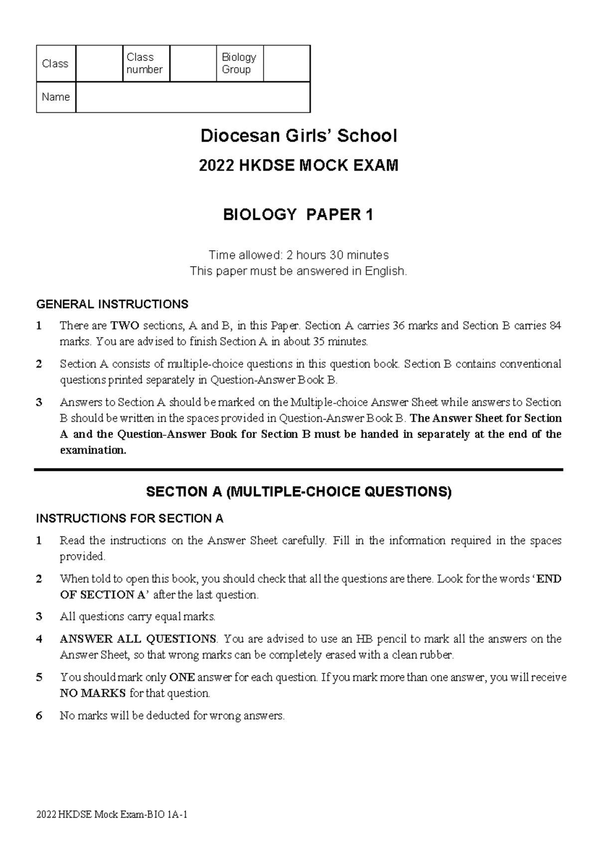 DGS S6 2122 paper 2 - Bio mock - Class Classnumber Name Biology Group ...