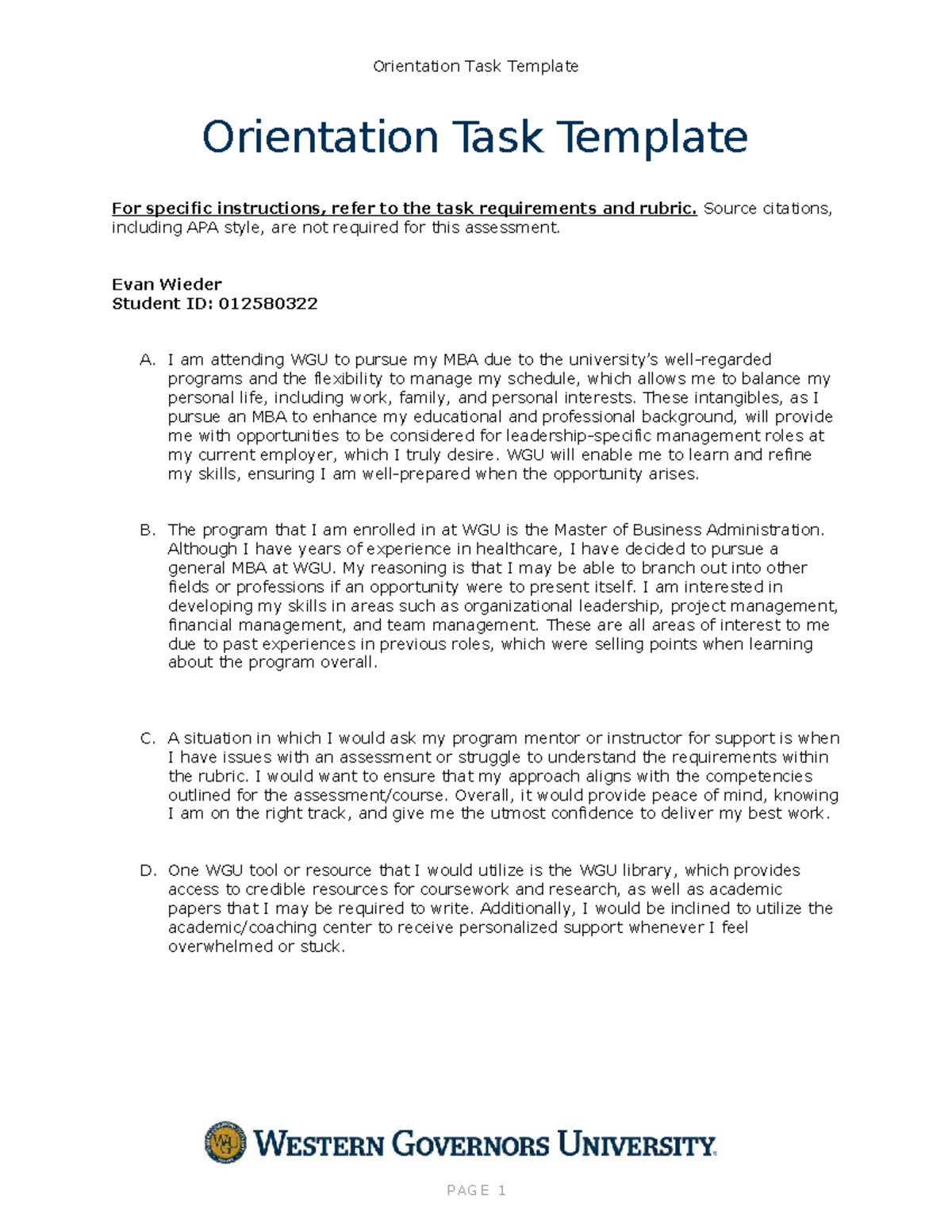 WGU MBA Orientation Task Assessment Template - Studocu