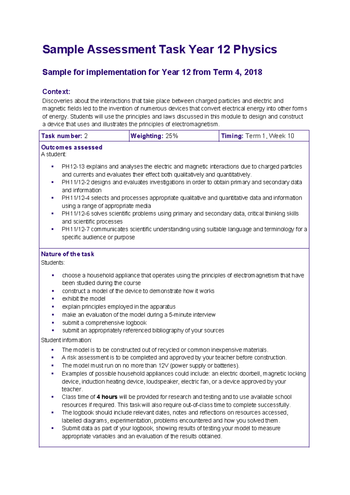 Year 12 Physics Assessment Task: Electromagnetism Module 6 Guidelines ...