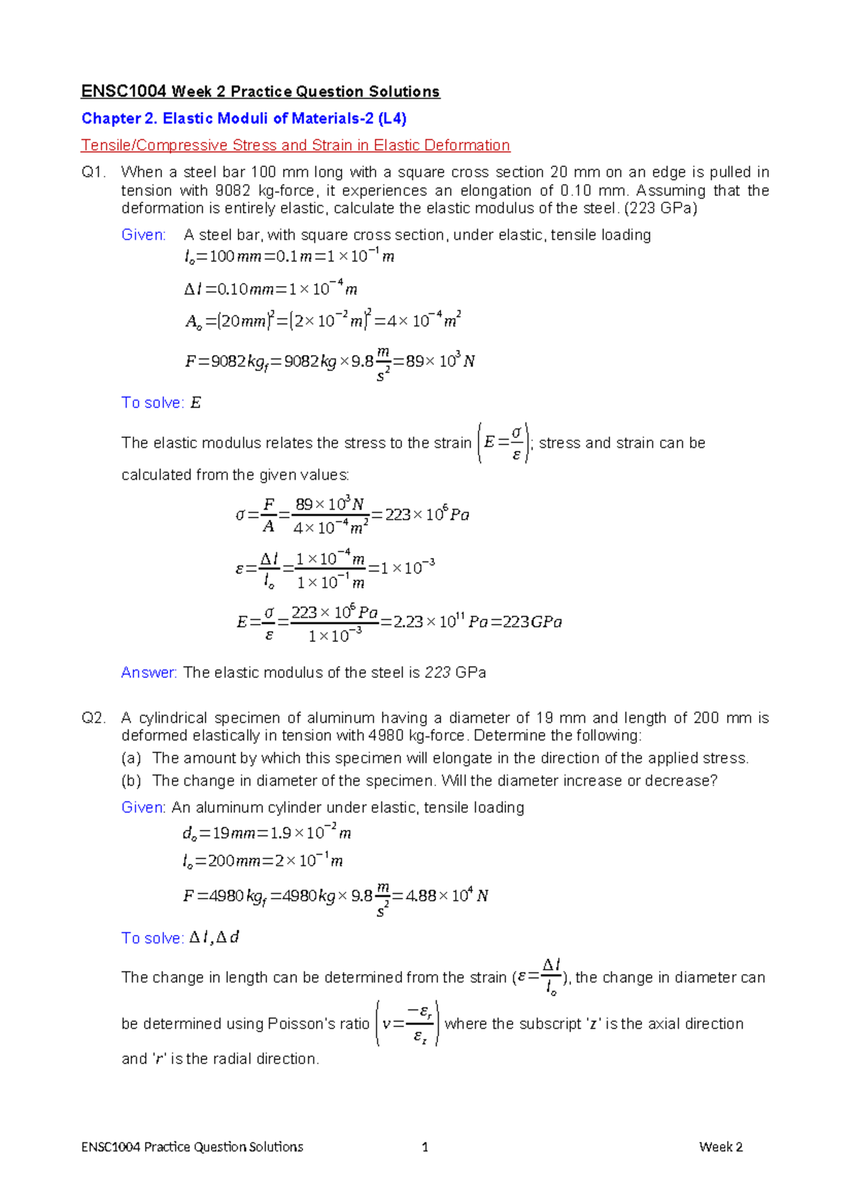 ENSC1004 Week 2 Elastic Moduli Practice Questions Solutions - Studocu