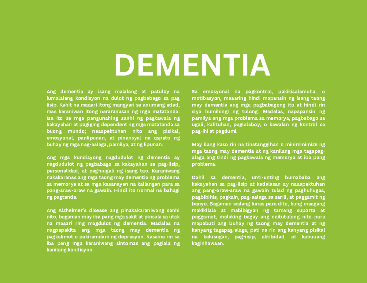Dementia: Pagsusuri at Pamamahala ng mga Sintomas at Panganib - Studocu
