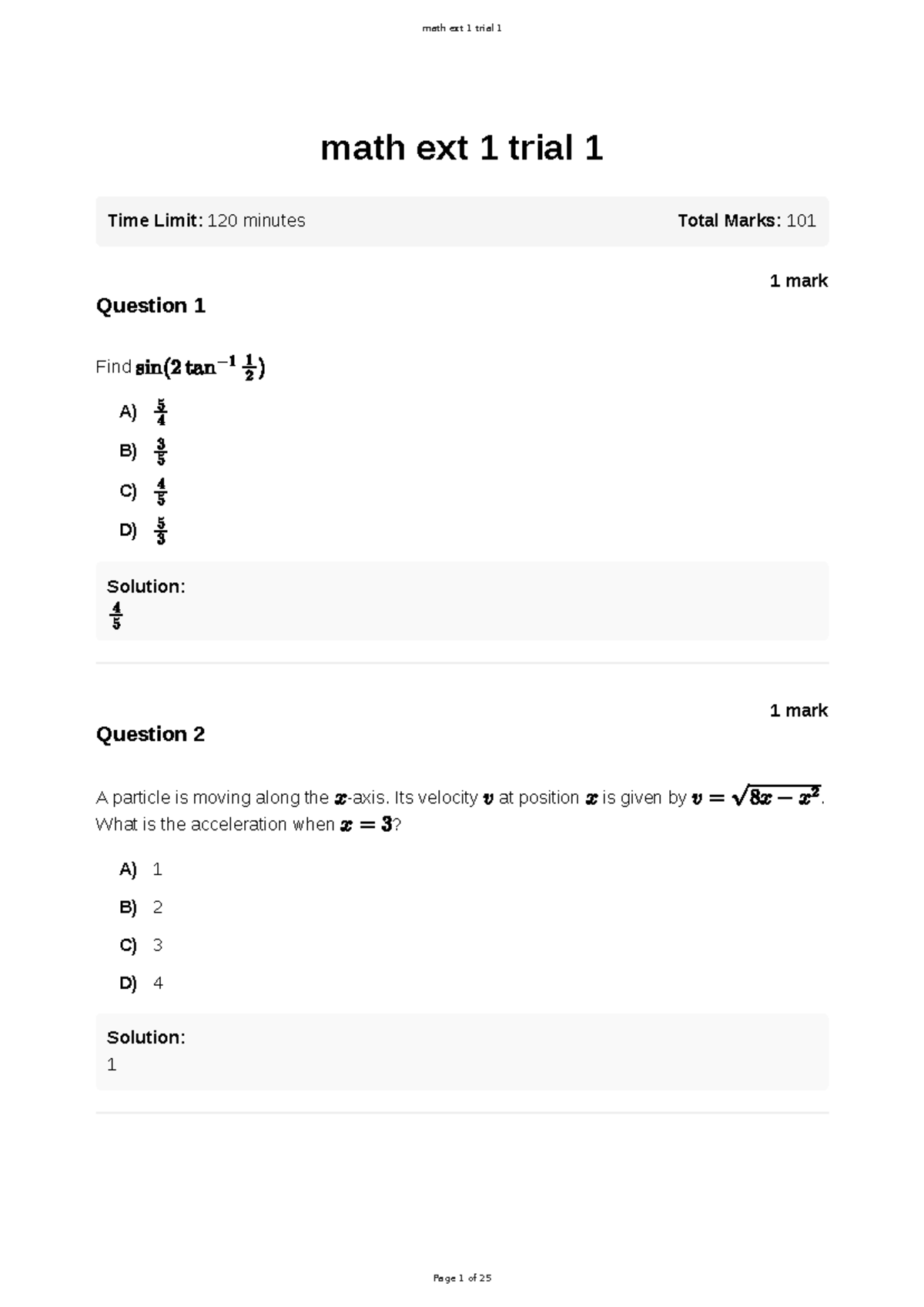Math Ext 1 Trial 1 Exam Solutions and Answers - Studocu