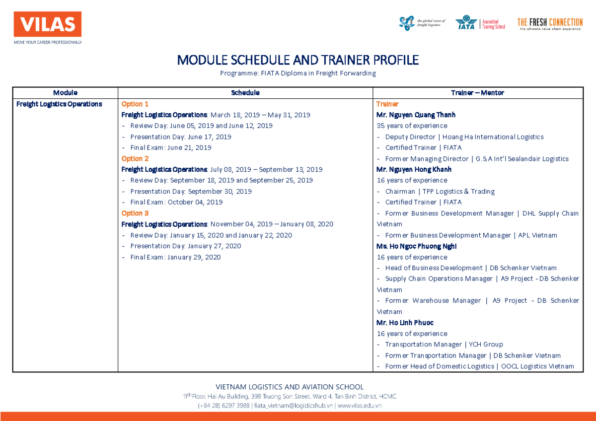 VILAS - Schedule & Trainer Info for FIATA Freight Forwarding Diploma ...