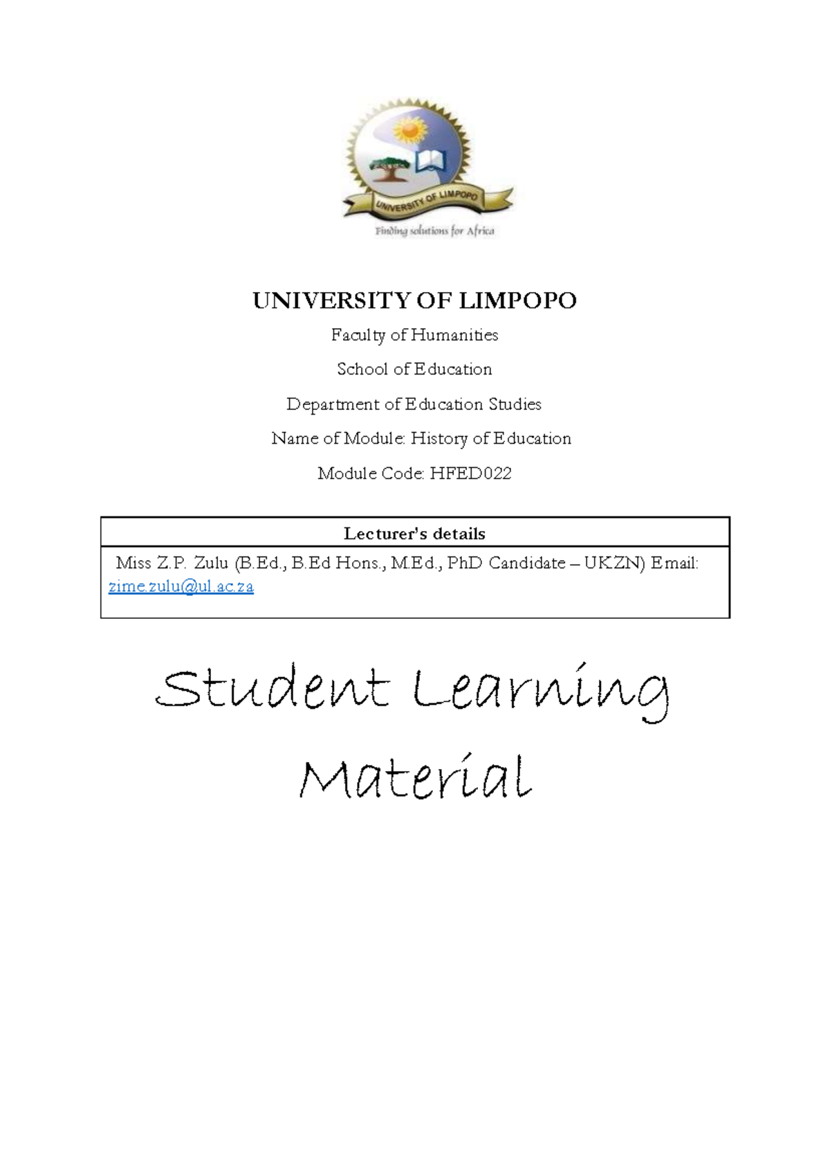 Learning material - UNIVERSITY OF LIMPOPO ####### Faculty of Humanities ...