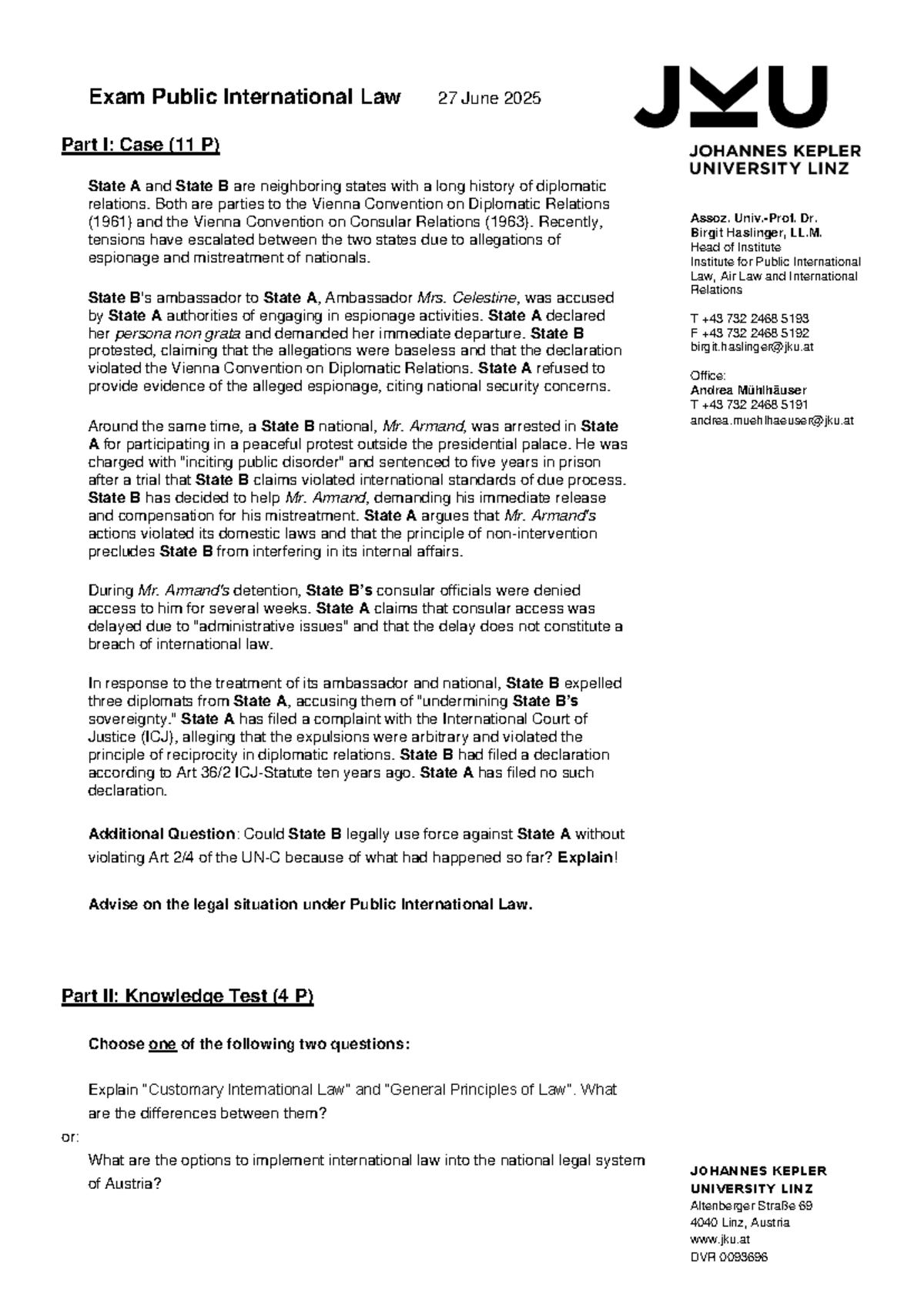 Exam Public International Law Case Study: State A vs. State B (27 June ...