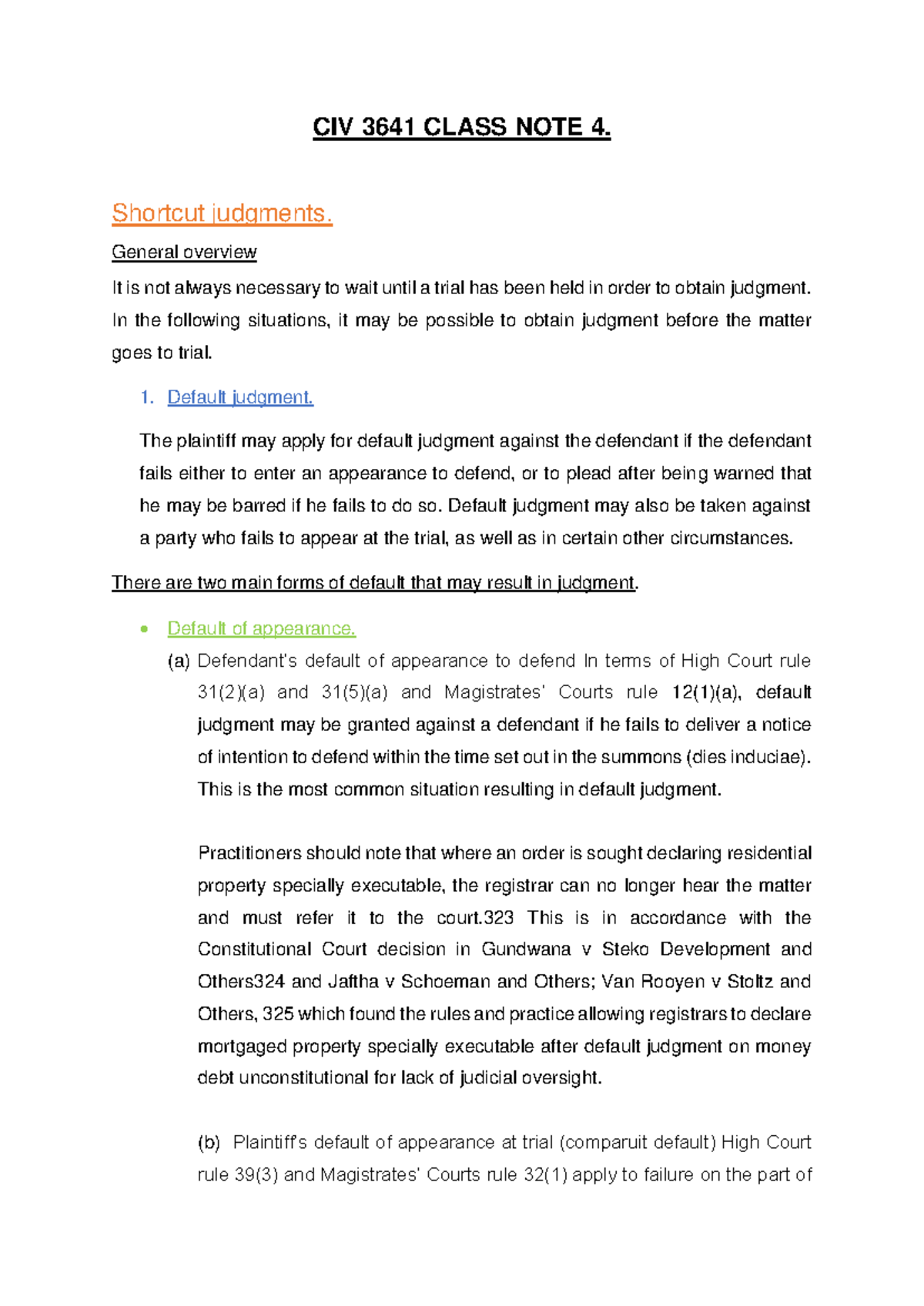 CIV 3641 Class Note 4: Overview of Shortcut Judgments in Law - Studocu