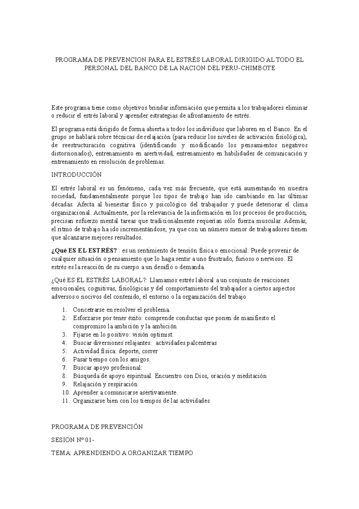 Programa de Prevención del Estrés Laboral en el Banco de la Nación ...
