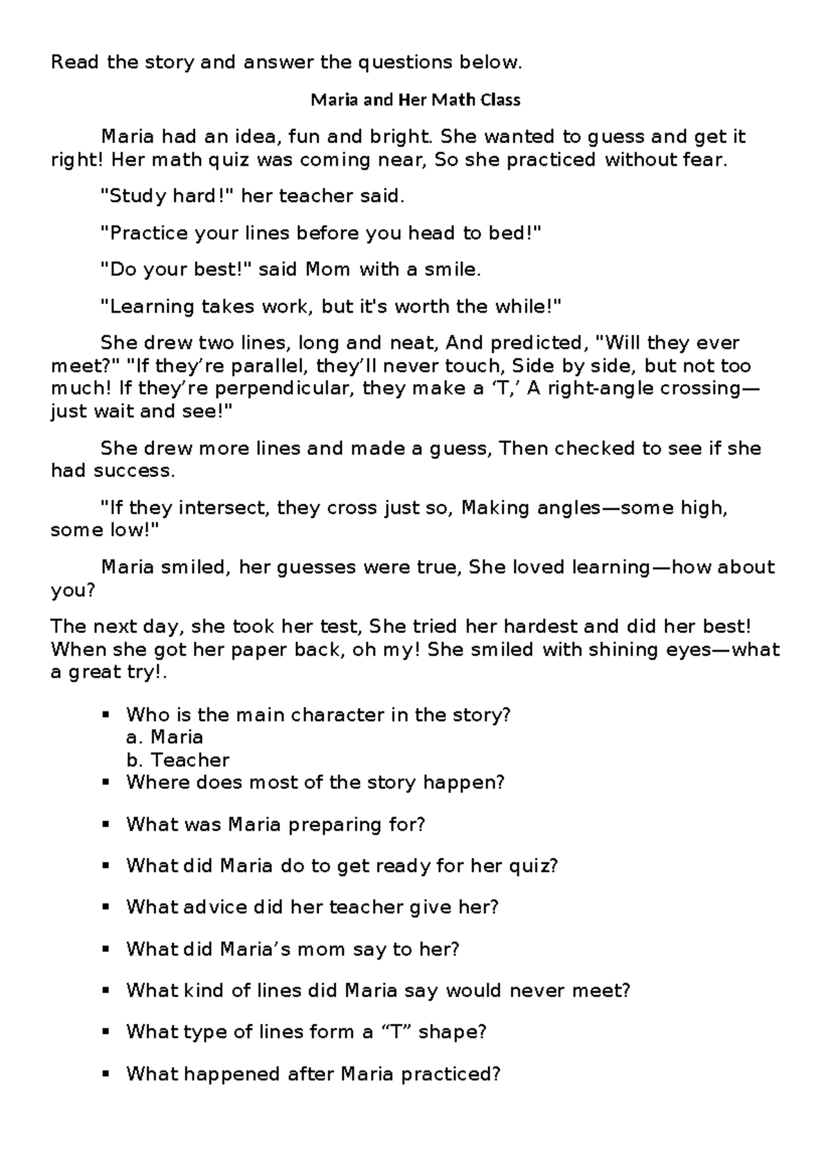English Reviewer: Maria and Her Math Class Quiz Questions - Studocu
