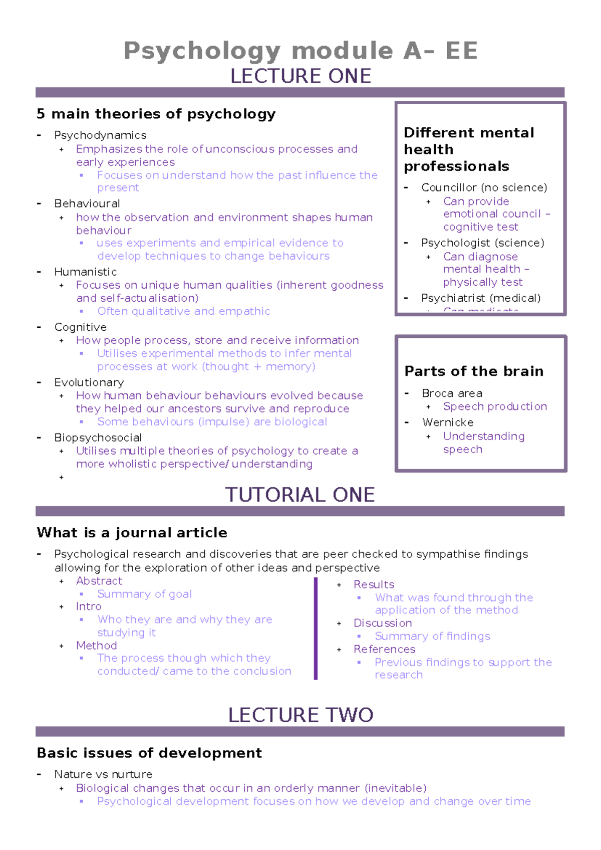 Y1 PSYCH MOD A - Comprehensive Lecture Notes on Key Theories and ...