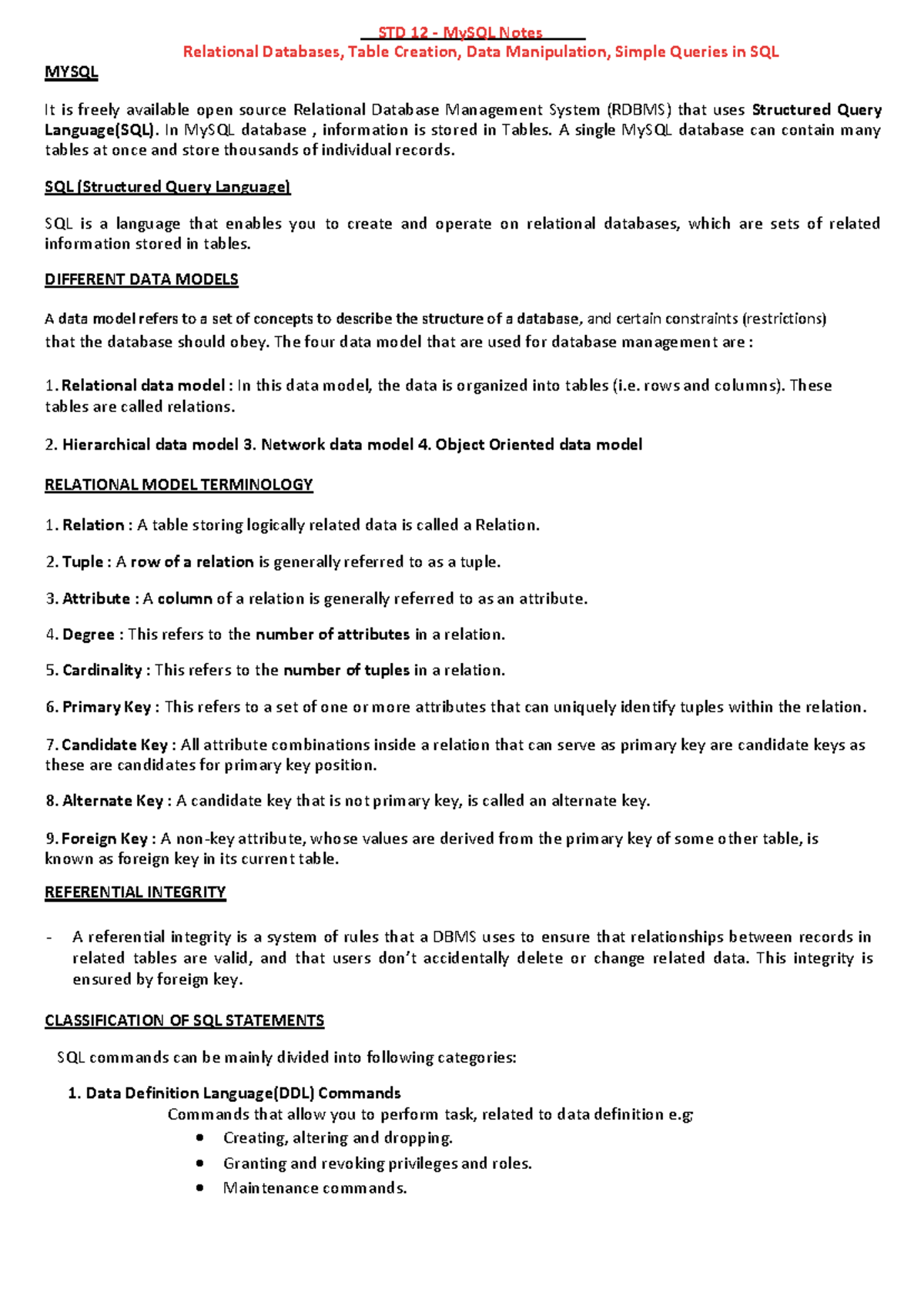 STD 12 MySQL Notes: Relational Databases, Table Creation & SQL Queries ...