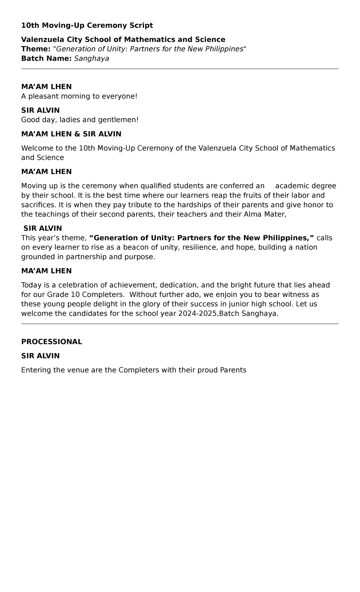 10th Moving Up Ceremony Script - Valenzuela City School of Math ...