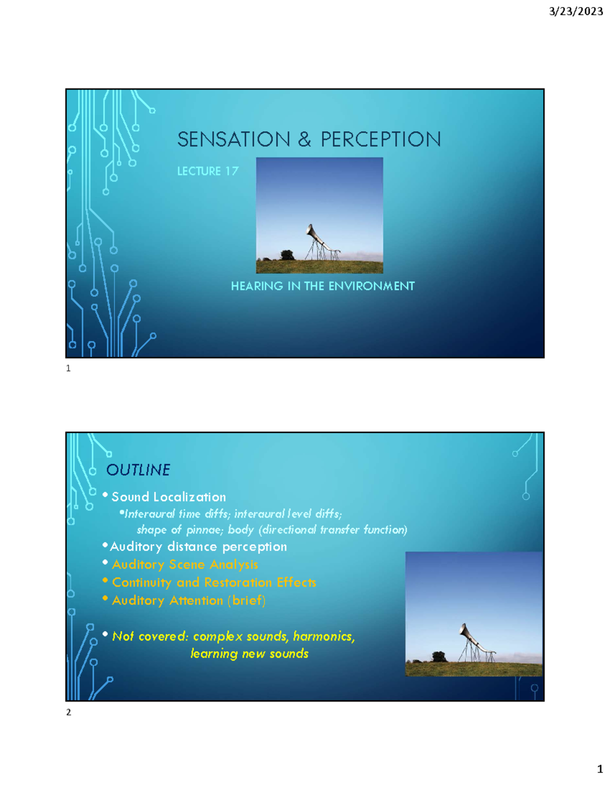 Psych 384 Lecture 17: Hearing, Sound Localization, and Auditory ...