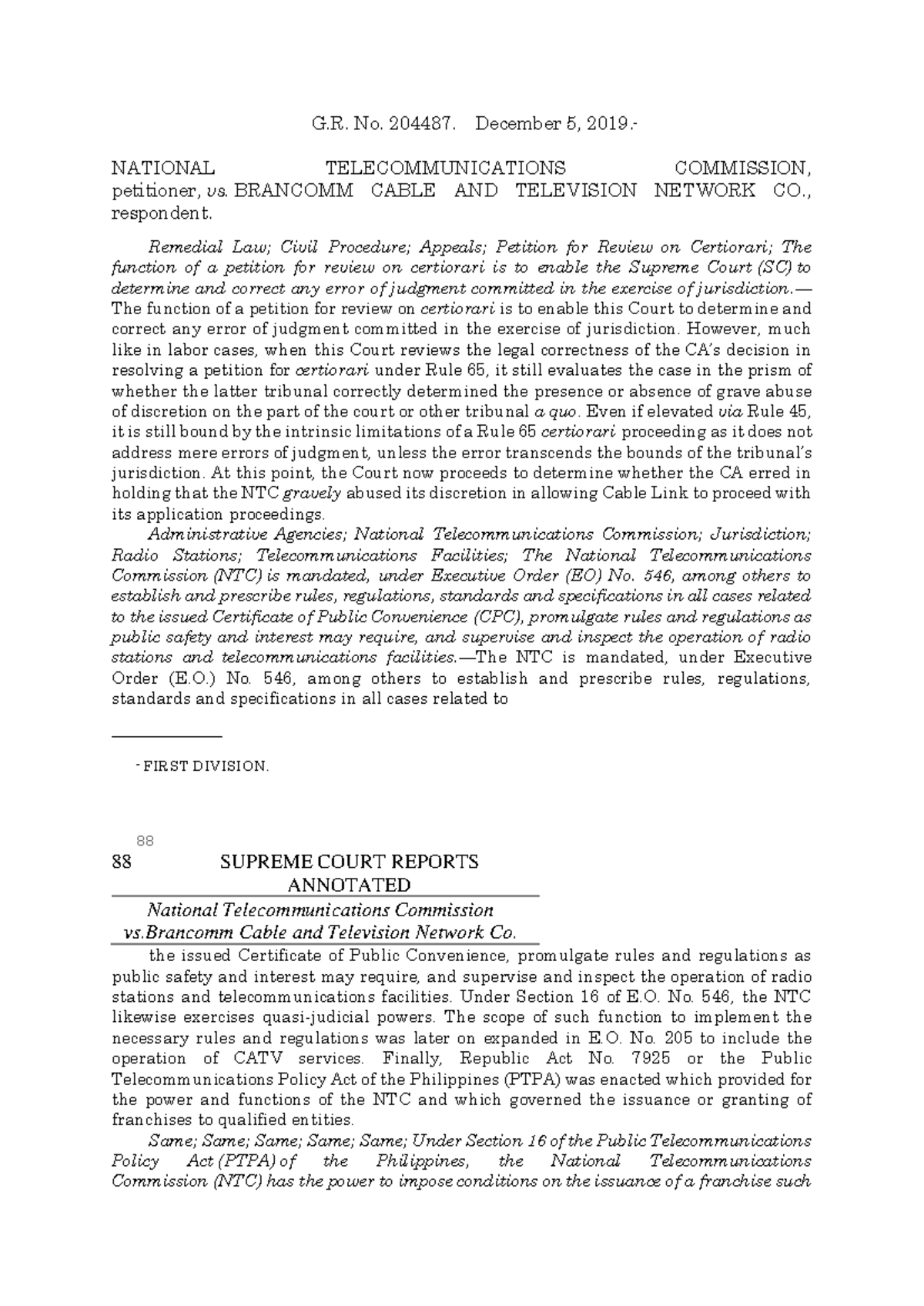 SCRA Case Notes: NTC vs. Brancomm Cable & TV Network Co. - Studocu