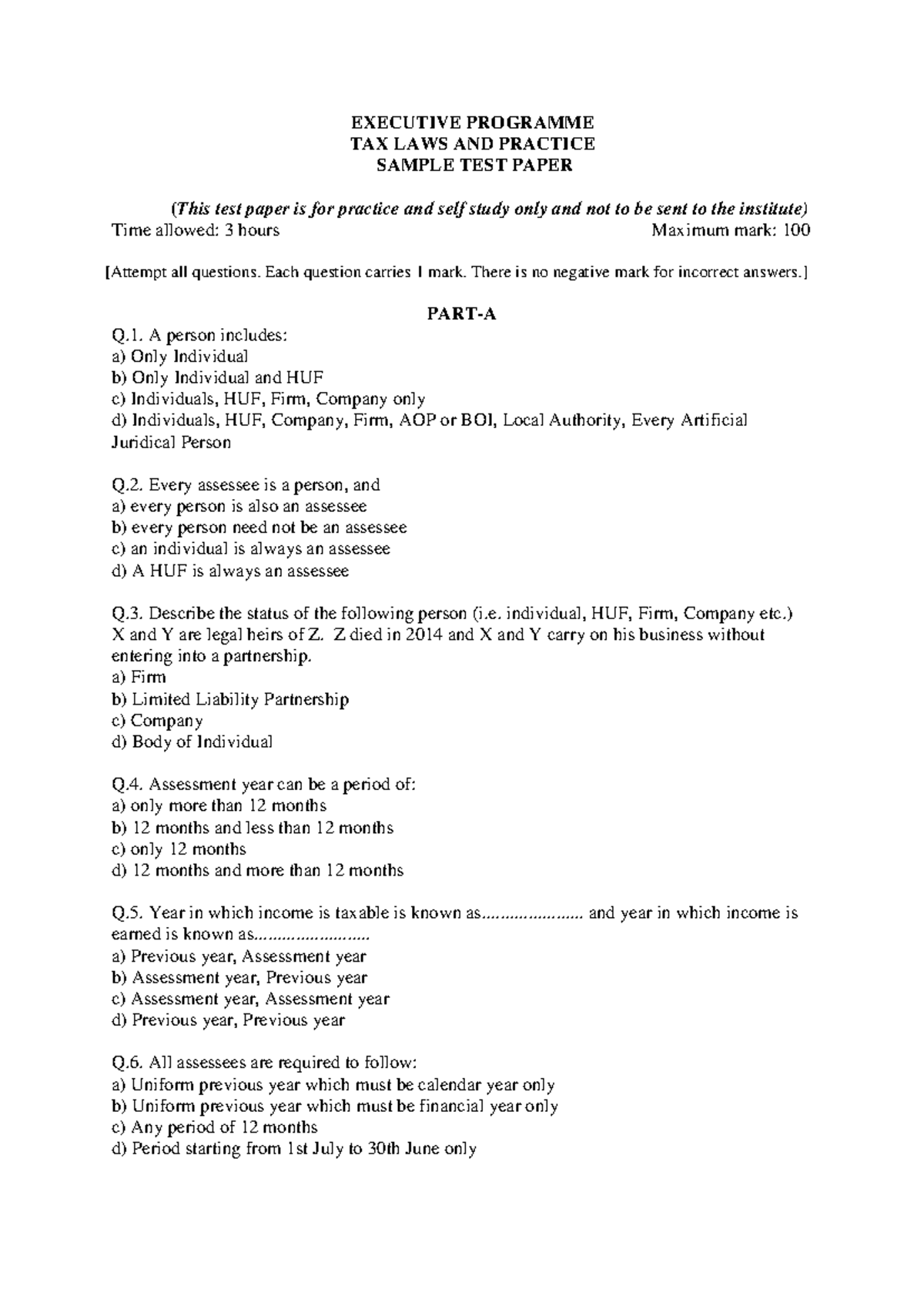 TLP-MCQ 100 1235fjw - EXECUTIVE PROGRAMME TAX LAWS AND PRACTICE SAMPLE ...