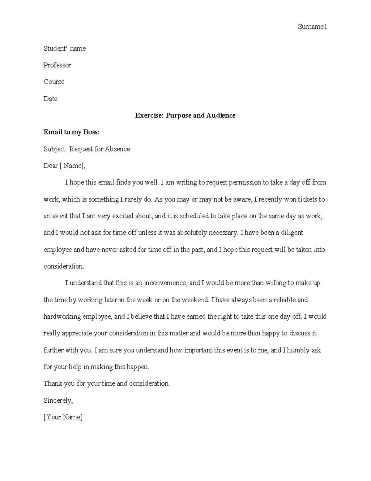 Exercise: Purpose and Audience - Email Requests for Absence - Studocu