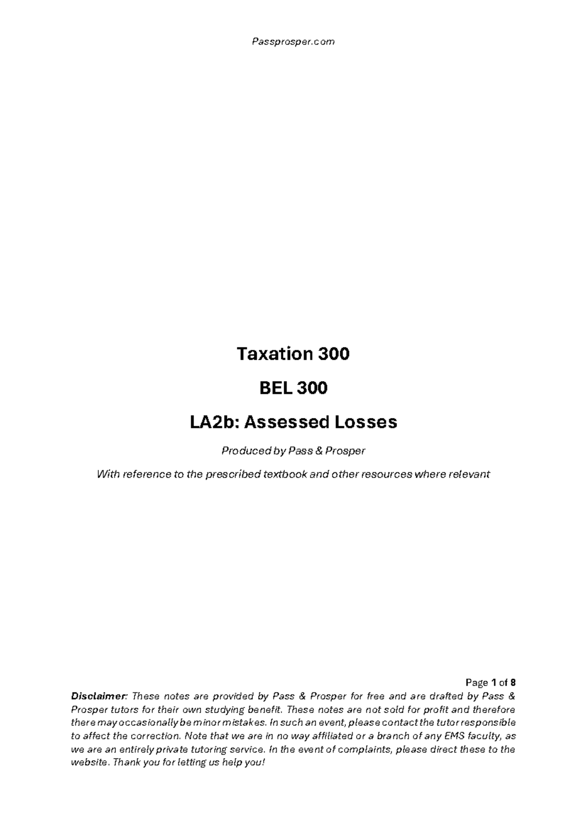 BEL 300 LA2b: Understanding Assessed Losses in Taxation - Studocu