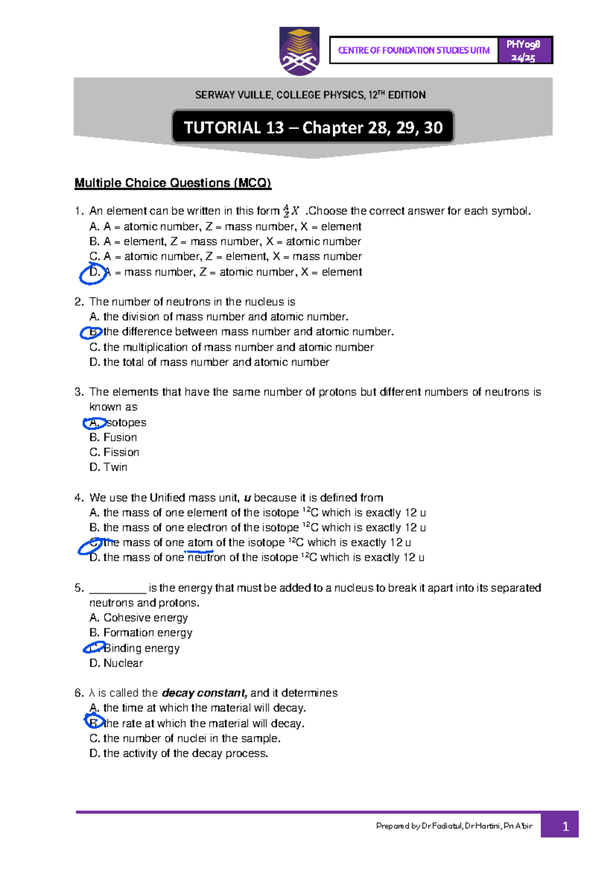 PHY098 Tutorial 13: MCQs on Chapters 28, 29, 30 - College Physics - Studocu