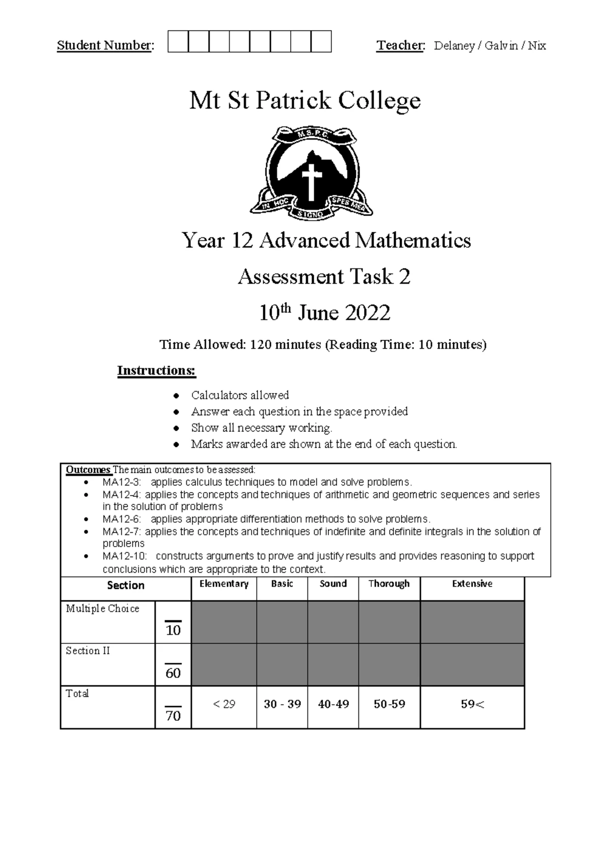 Year 12 Adv Math Assessment Task 2 - Mt St Patrick College 2023 - Studocu