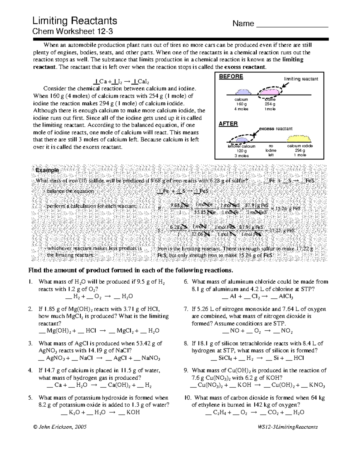 Limiting Reactants Worksheet (Chem 101) - Studocu