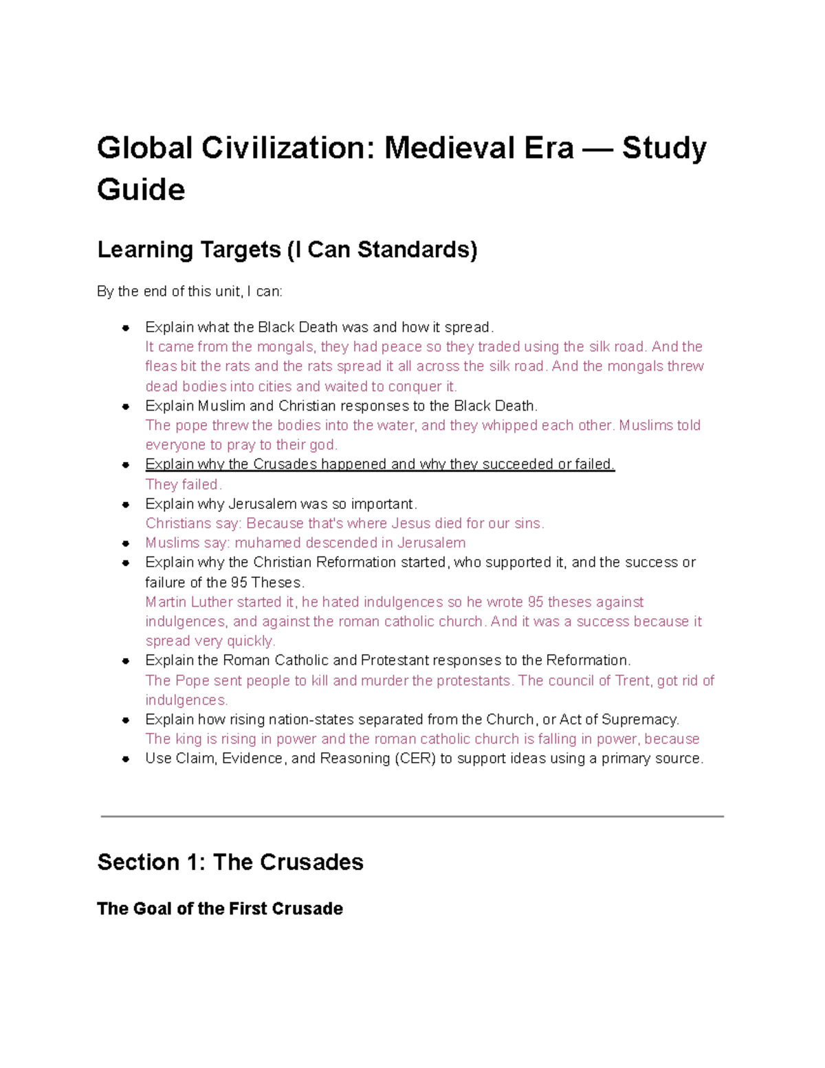 Global Civilization: Medieval Era - Study Guide & Learning Targets ...
