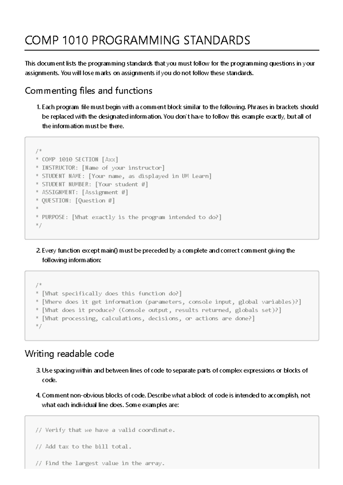 COMP 1010 Programming Standards for Java Assignments - Studocu