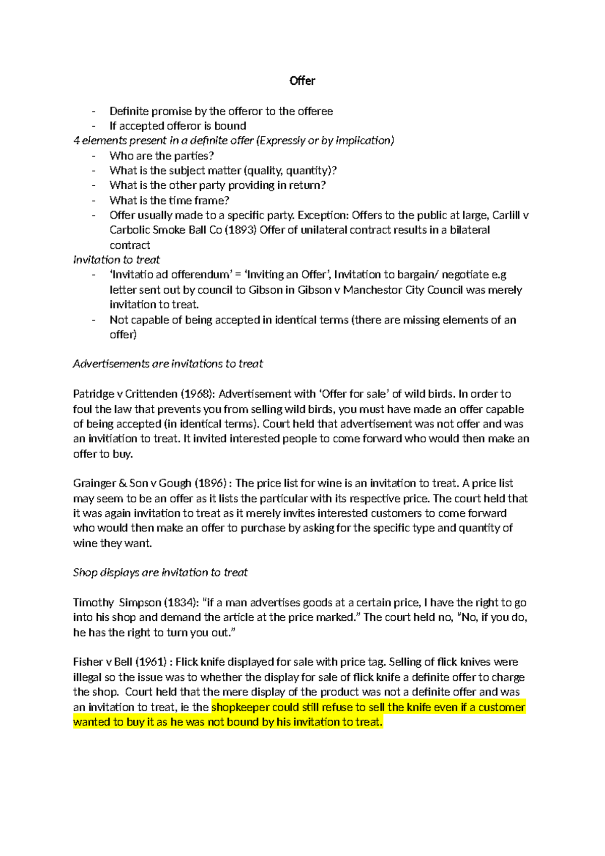 Contract 1 Notes: Understanding Offers and Acceptance in Law - Studocu