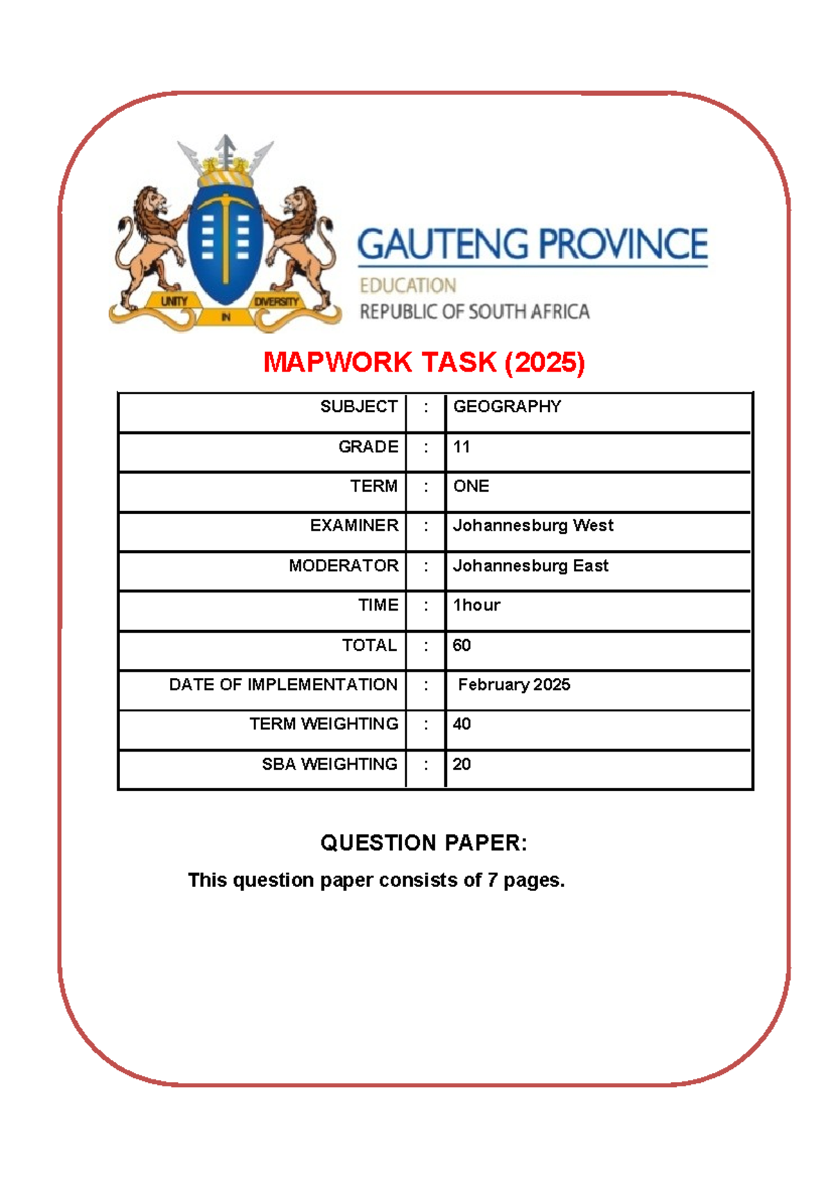 Grade 11 Geography Mapwork Task Term 1 2025: Topographic & Orthophoto ...