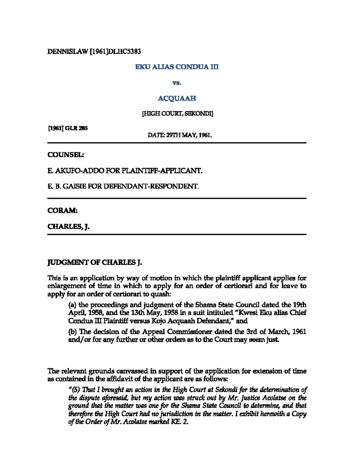Eku alias Condua II v. Acquah: Court Judgment Analysis (1961) - Studocu