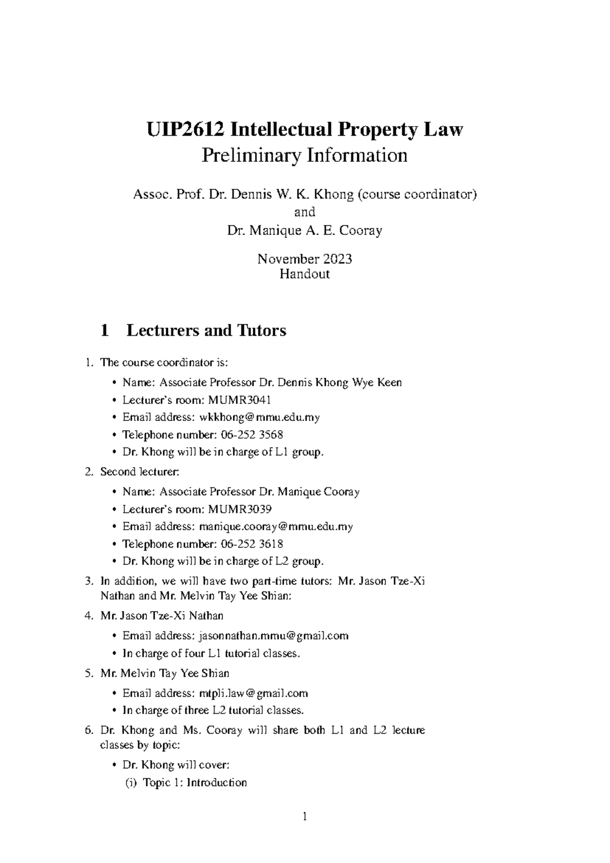 UIP2612 - Preliminary Info Handout for Intellectual Property Law - Studocu