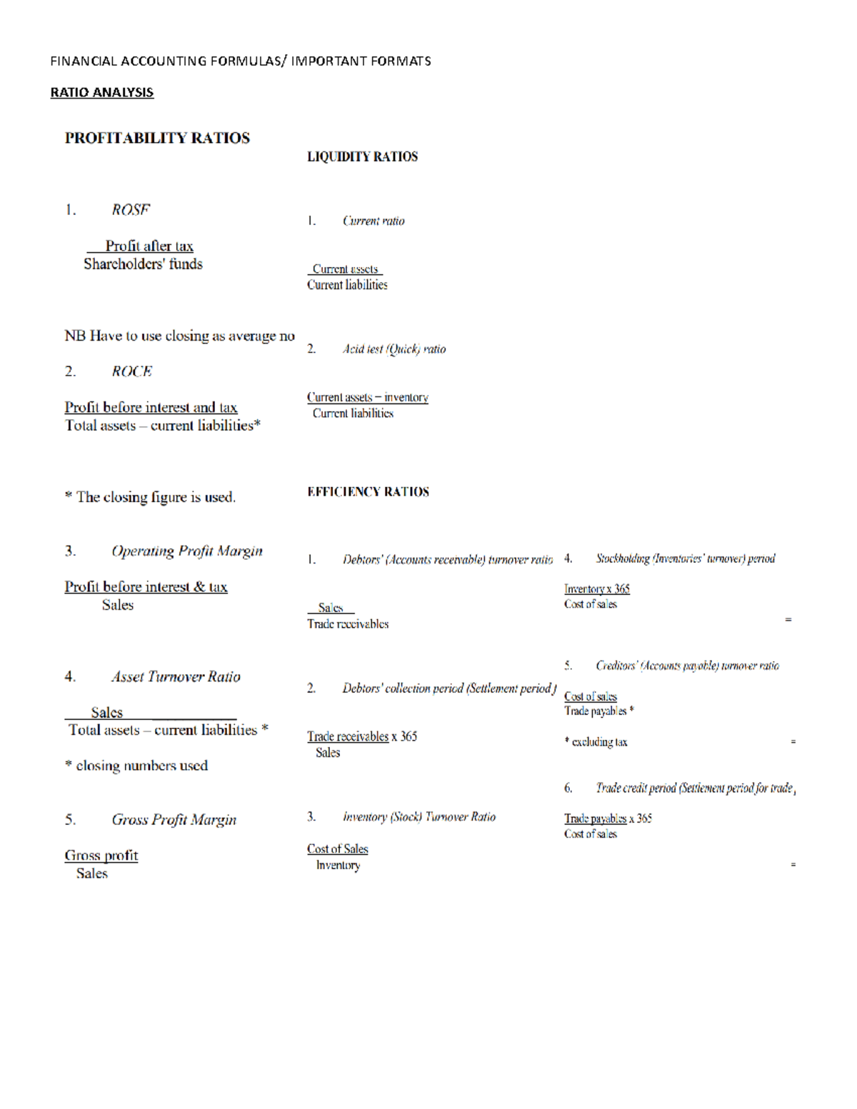 AC100 Financial Accounting Ratio & Variance Analysis Cheat Sheet - Studocu