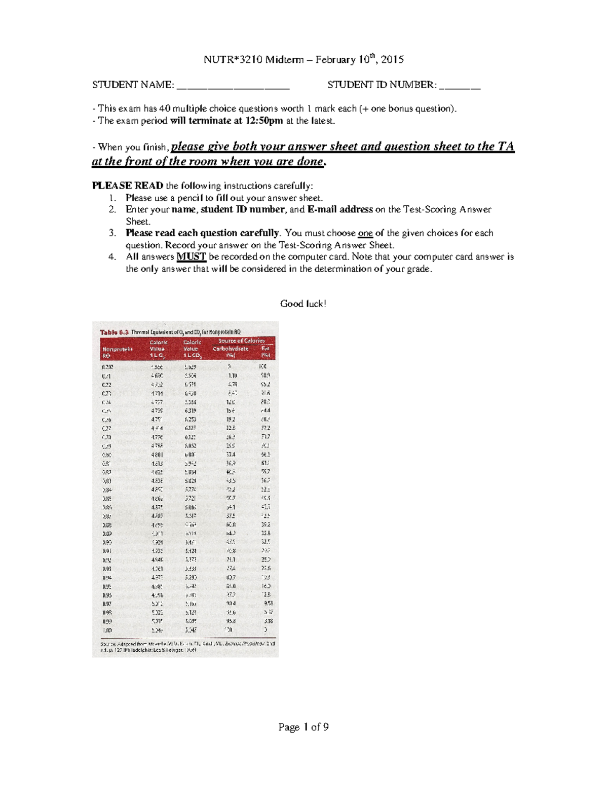 NUTR 3210 Winter 2015 - Midterm Practice Exam Questions (Version 2 ...