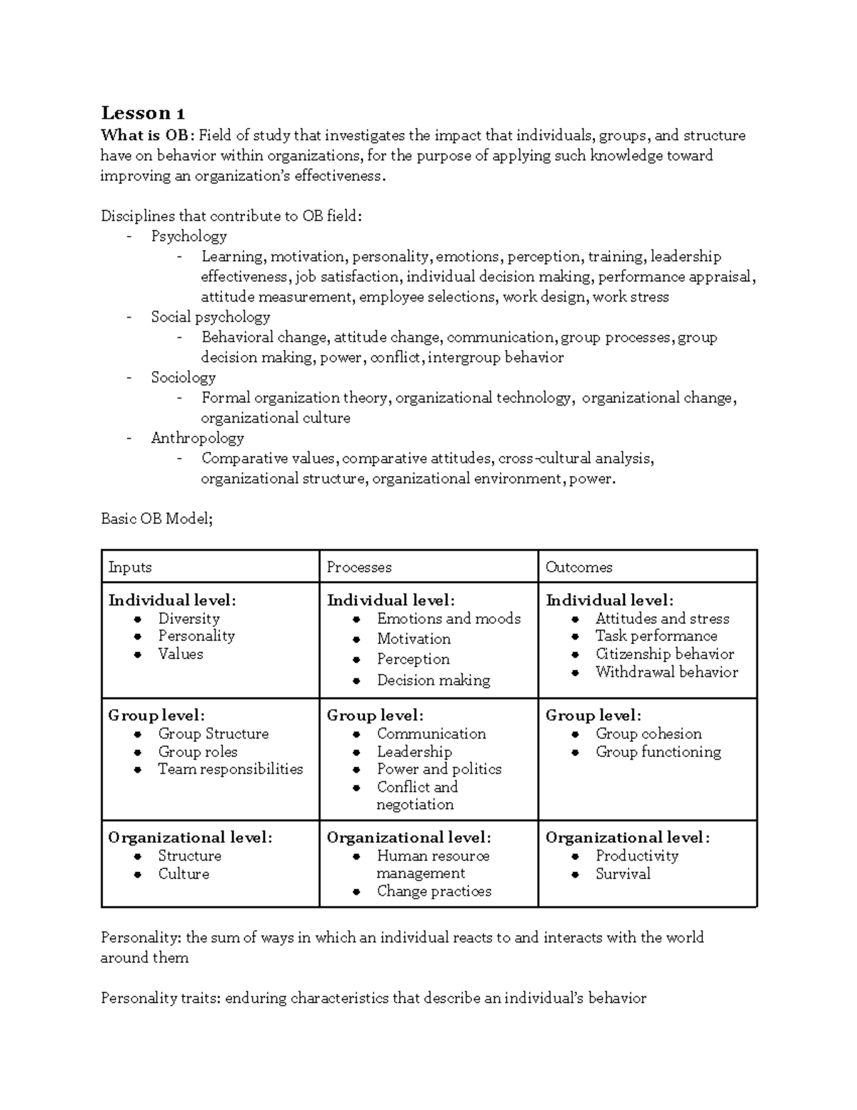 OB 101: Summary of Key Concepts in Organizational Behavior - Studeersnel