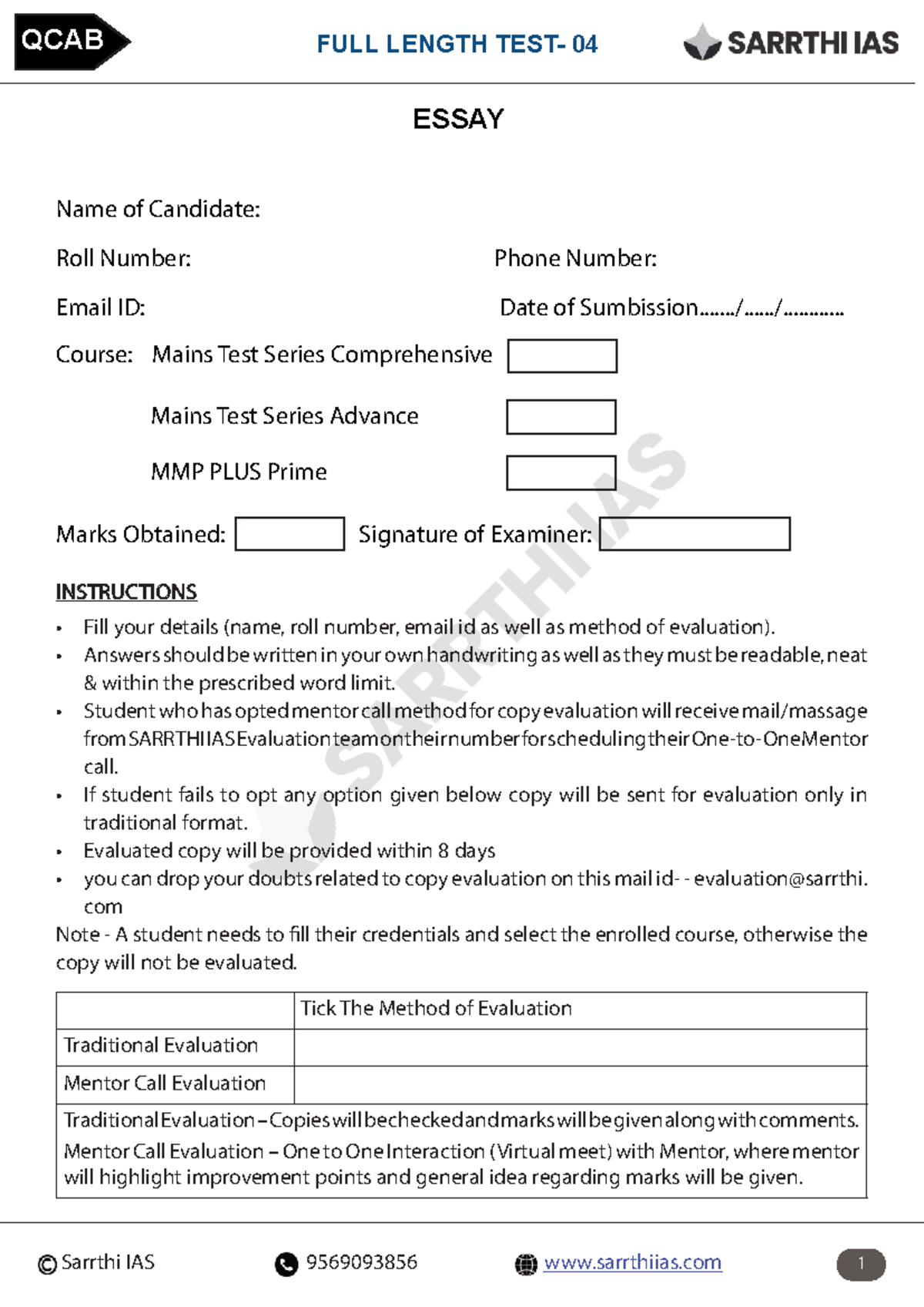 QCAB Full Length 04 Essay Evaluation and Instructions - Studocu