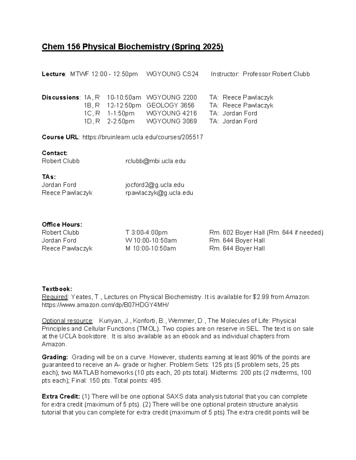 Chem 156 Lecture Syllabus: Physical Biochemistry Spring 2025 - Studocu