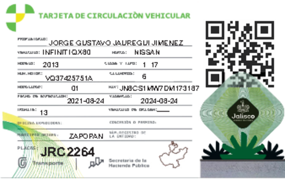 751363786 - Tarjeta de Circulación - Jalisco - Vehículo Infiniti - Studocu
